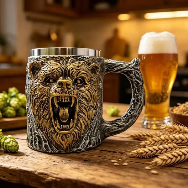 Chope à bière Viking Berserker Bear de 450 ml/15 oz, tasse à café en résine avec doublure en acier inoxydable, motif d'ours rugissant en 3D, style gothique