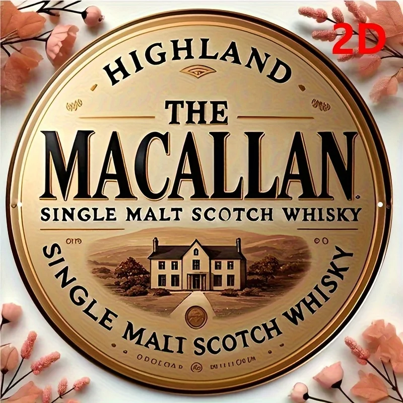 Letrero Redondo Vintage de Hojalata 2D - Whisky Escocés Single Malt The Macallan Highland - Decoración Retro de Whisky para Pared de Bar o Cueva del Hombre