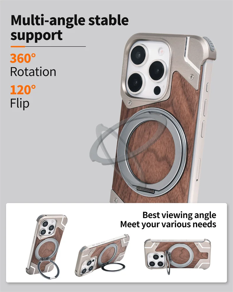 Walnut Wood Metal Borderless Armor Phone Case For iPhone 13 14 15 16 Pro Max Plus 360 Rotating Magnetic Bracket Shockproof Cover
