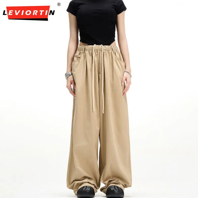 Solid Color Casual Wide Leg Pants Mens Retro  Drawstring Elastic Waist Trousers Men