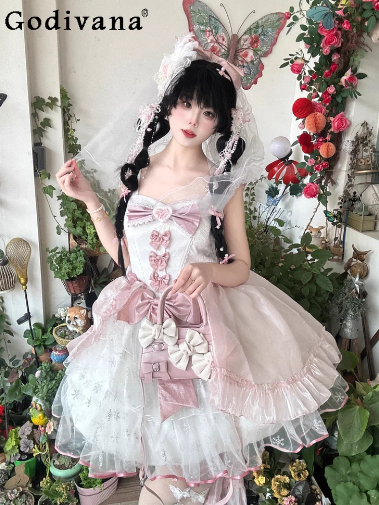 

New Elegant Lolita Sweet Bow Pink Jsk Cake Suspender Dress Elegant Girl Square Neck High Waist A-line Party Princess Dresses