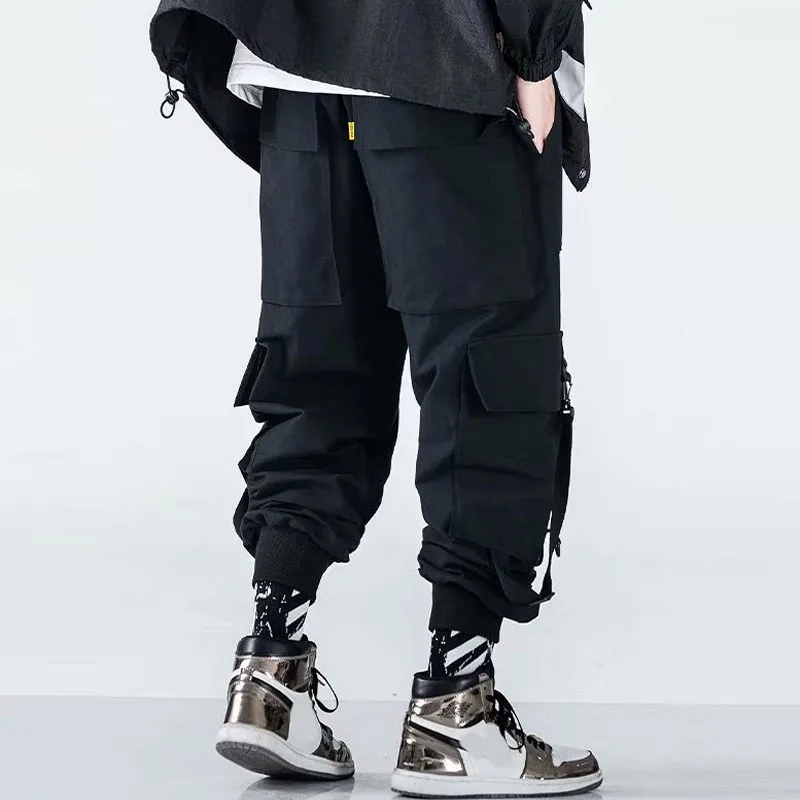 Techwear Ribbons Tactical Cargo Baggy Pants Jogger Men Casual Letter Hip Hop Teenager Sweatpants Joggers Cropped Pants For Men