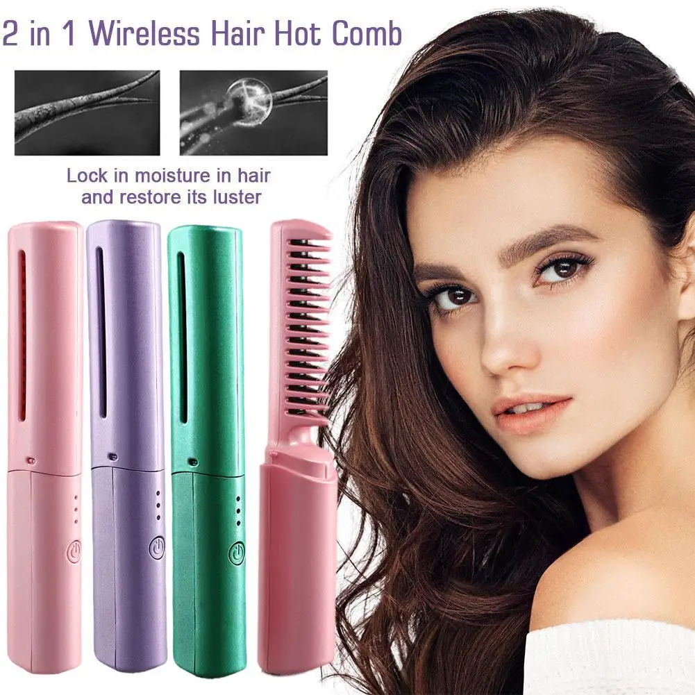 

2 In 1 Wireless Hair Hot Comb Mini Usb Charging Straightener Fast Negative Ion Hair Care Styling Portable Tools Heating Hai X8N1