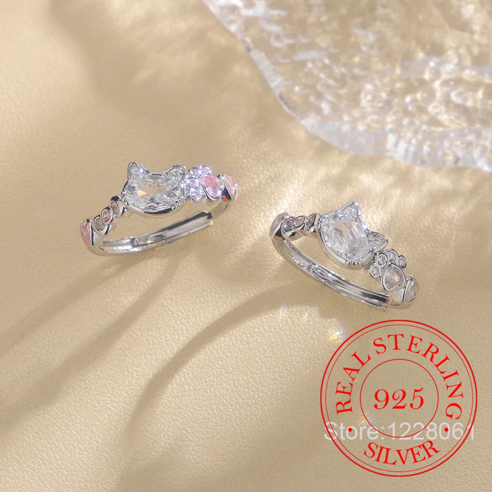 925 Sterling Silver Jewelry Cute Crystal Cat Dog Paw Print Finger Rings for Women Wedding Party Jewelry For Girls Friend Gift