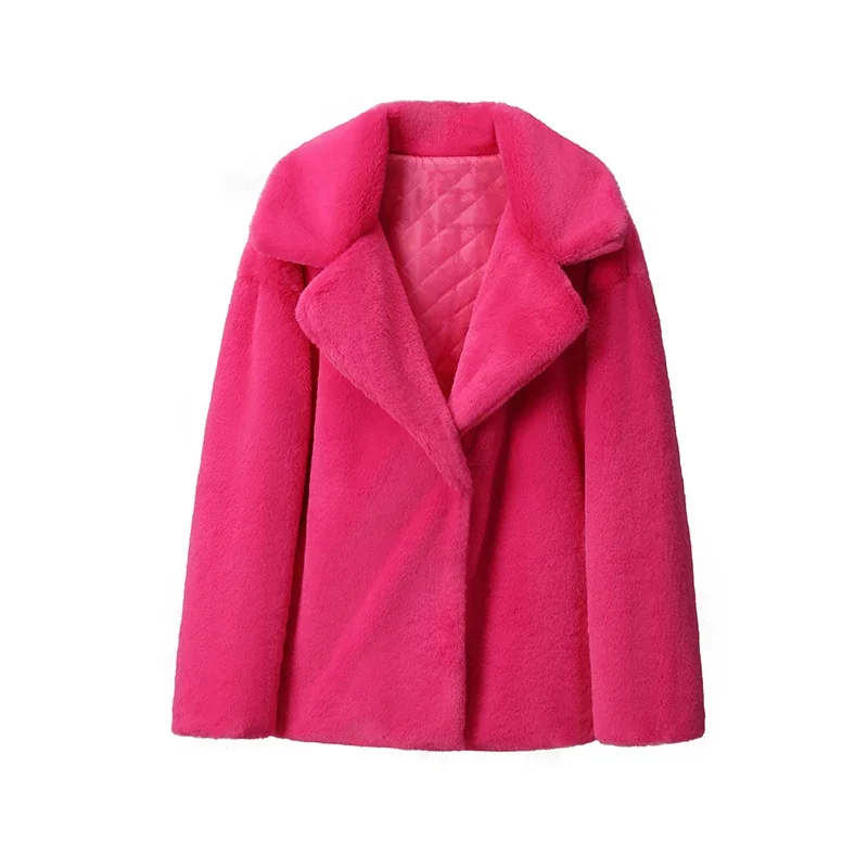 Casaco feminino de pele falsa de raposa, peludo quente, casaco de pele sintética rosa solto, lapela sólida, outerwear feminino, casaco de luxo, novo