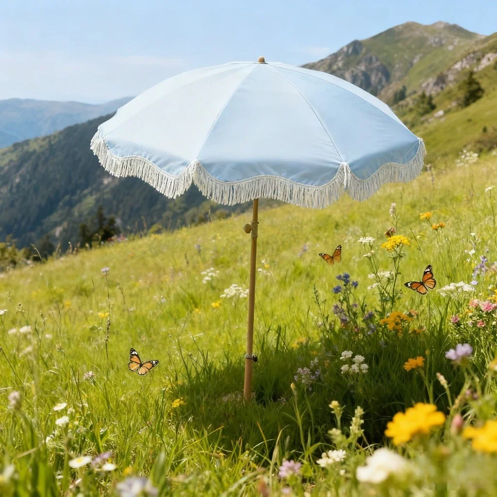 Outdoor Light Blue Large Beach Sun Umbrella, Garden Patio Rain Shelter Tassel Folding Camping Parasol UV Protection