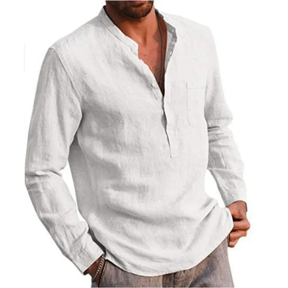 Cotton Linen Men\'s Long-sleeved Shirt Summer Solid Colour Henley Collar Casual Beach Style Shirt Long Sleeve T Shirt Men