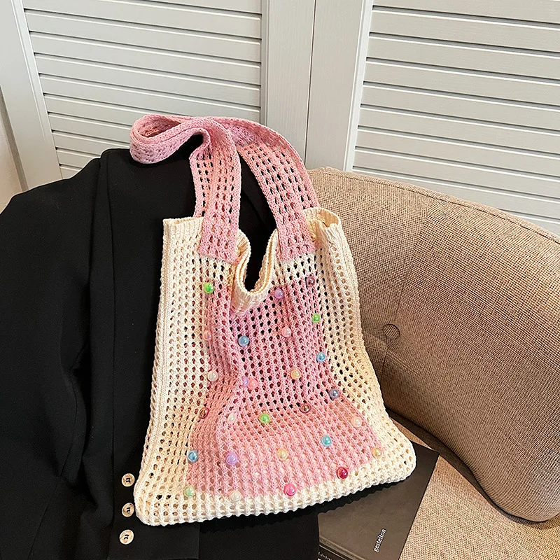 

Contrast Color Beaded Women Knit Shoulder Bags Lightweight Portable Student Girls Handbags Large Capacity Ladies Travel Tote Bag