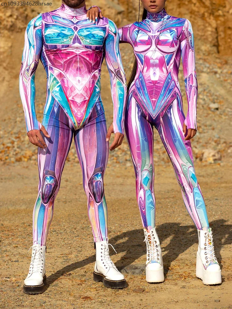 ผู้ชายผู้หญิง 3D เงาอัญมณีหุ่นยนต์พิมพ์คอสเพลย์วันหยุด Jumpsuit Cyber บอดี้สูทคู่ Zentai สูทเทศกาลฮาโลวีนชุดปาร์ตี้