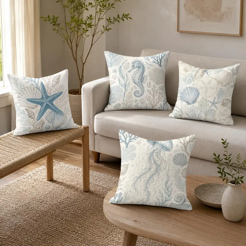 Retro marine creature Cushion Cover Organic Linen Throw Pillow Cover - Double-Sided Print Breathable Cushion Case Home Decor