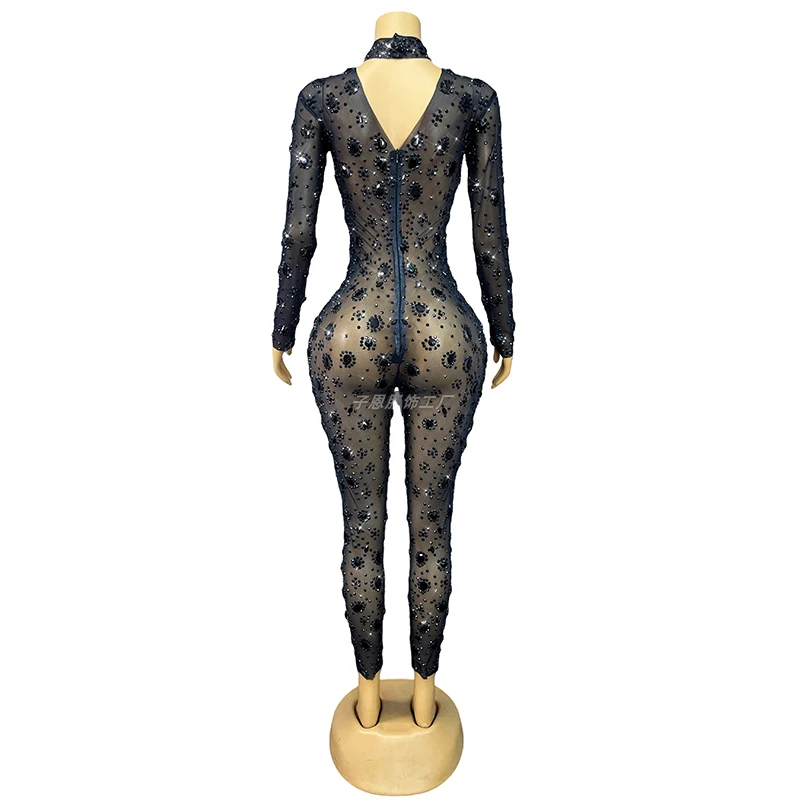 Błyszczący kombinezon taneczny z dżetami, czarny kombinezon z długim rękawem, strój do klubu nocnego Gogo, odzież taneczna Ds, strój sceniczny dla piosenkarki VDL3733