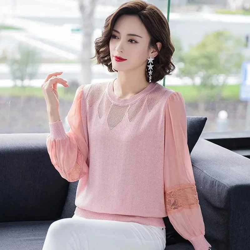 

Loose And Versatile Solid Color Thin Knitted Sweater New Loose Fashion Chiffon Sweater O-Neck Elegant Cozy Lace Women'S Top