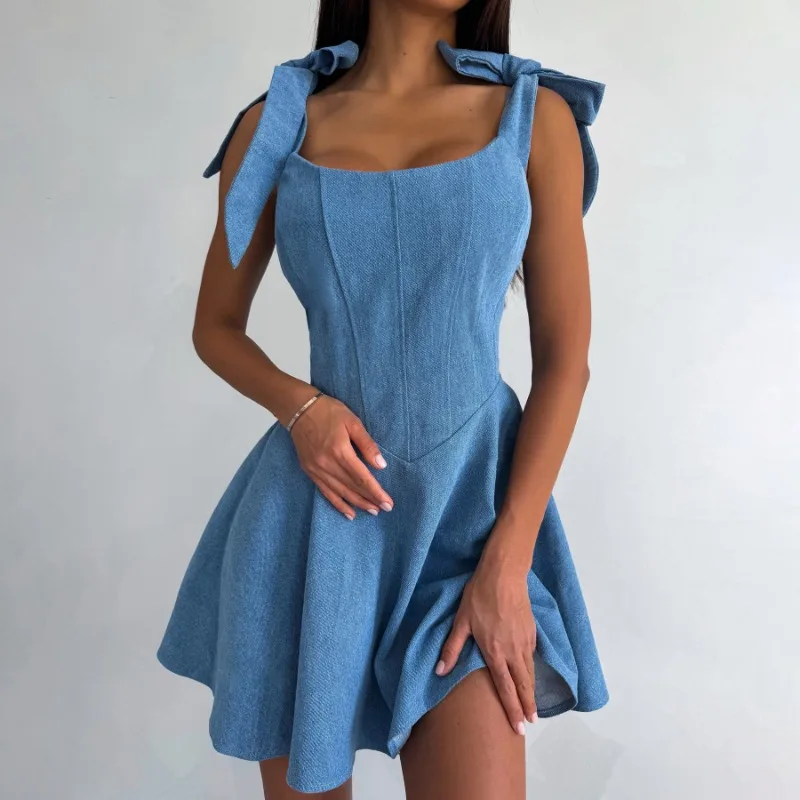

Women'S Denim Dress A-Line Slim Sleeveless Bows Lace Tie Up Casual Classic Vintage Solid Square Neck Summer Mini Short Dresses