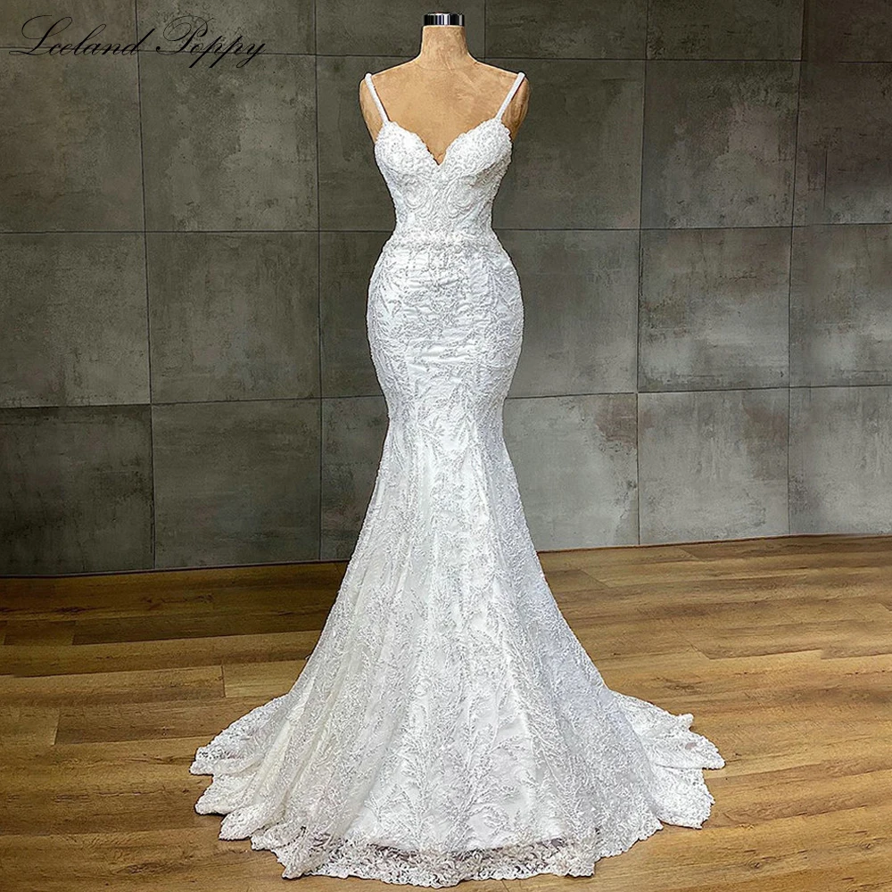 Lceland Poppy Customized V Neck Mermaid Lace Wedding Dresses Sleeveless Floor Length Beaded Bridal Gowns with Court Train