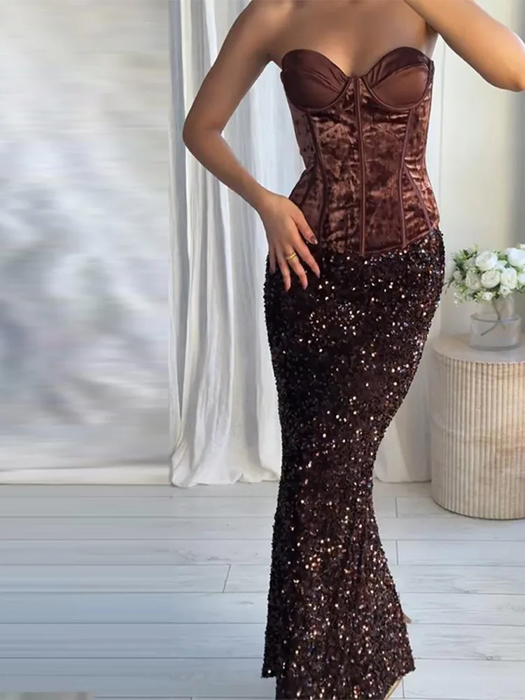 

Chic Women Velvet Corset Fashion Female Top Long Sequined Dress Outfit Elegant Female Clothing For Party Summer 2026