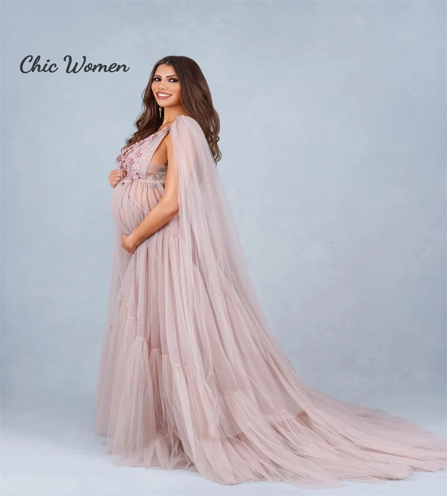 Sexy V Neck Maternity Evening Dress For Photo Shoot Tulle Prom Dress With Wrap Flowers Baby Shower Gowns Party vestido de novia