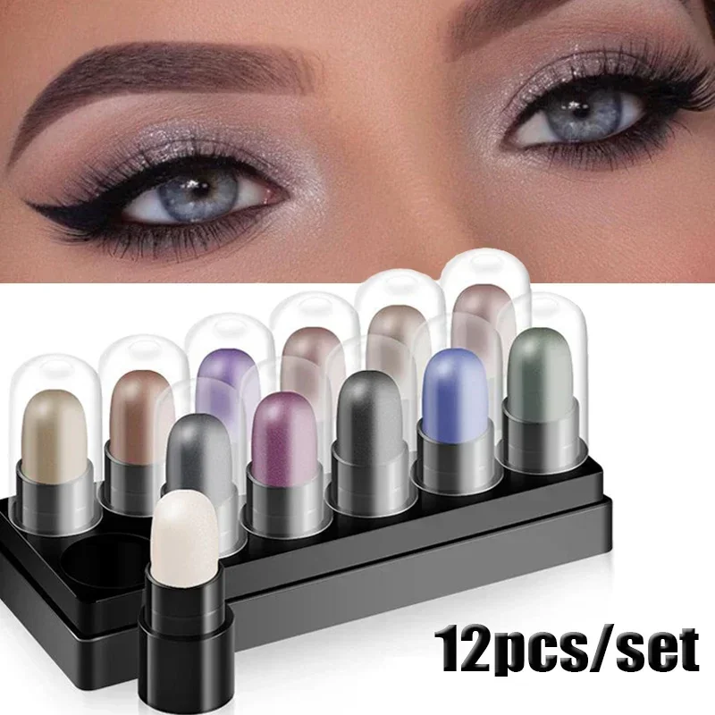 Eyeshadow Pencil Set 12 Colors Waterproof Long Lasting Glitter Shimmer Eye Shadow Pen Highlighter Stick Eyes Makeup Tools