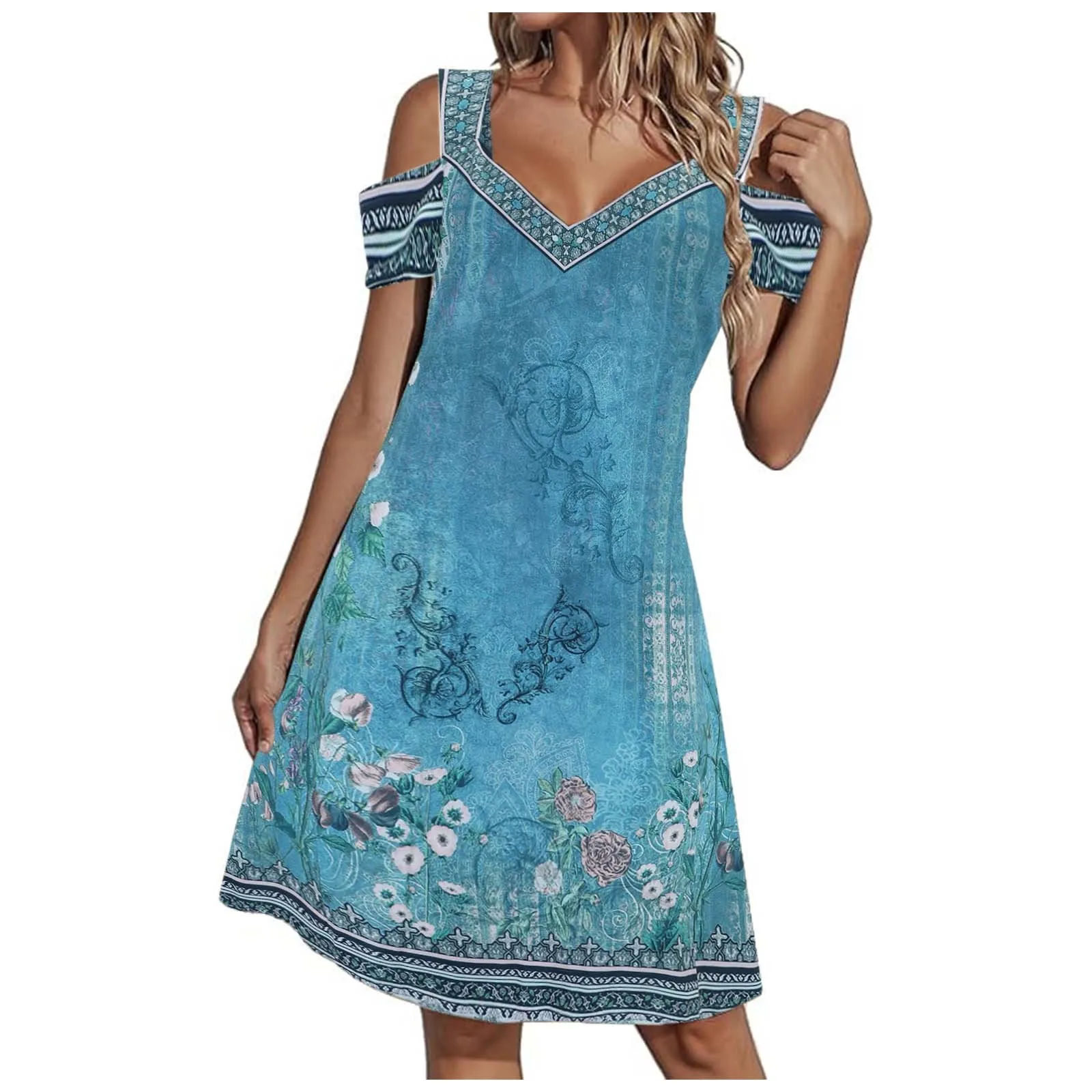 Women's new ethnic style printed casual V-neck dress, simple and fashionable, easy to match with various styles vestidos largos