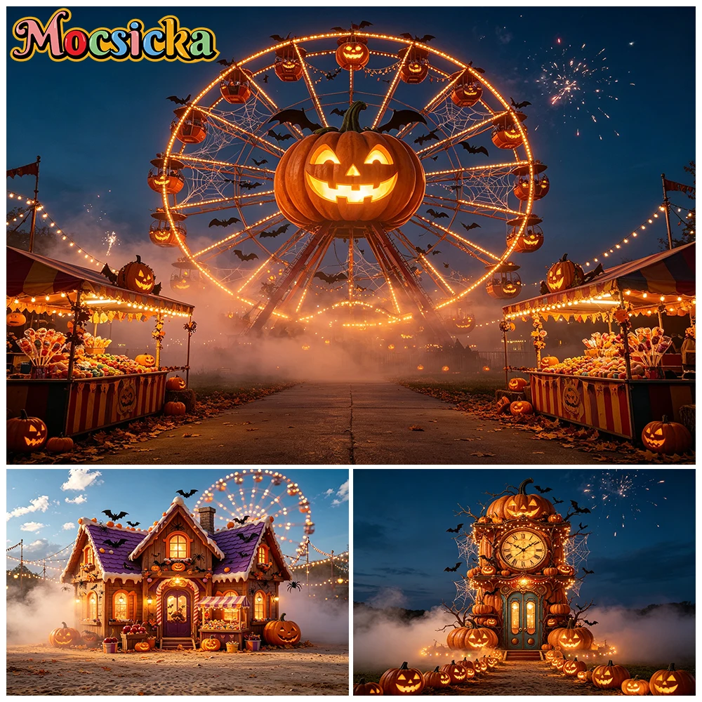 Mocsicka Halloween-Riesenrad Fotografie-Hintergrund Gruseliger Karneval Vergnügungspark Nacht Kürbis Fotohintergrund Fotobox