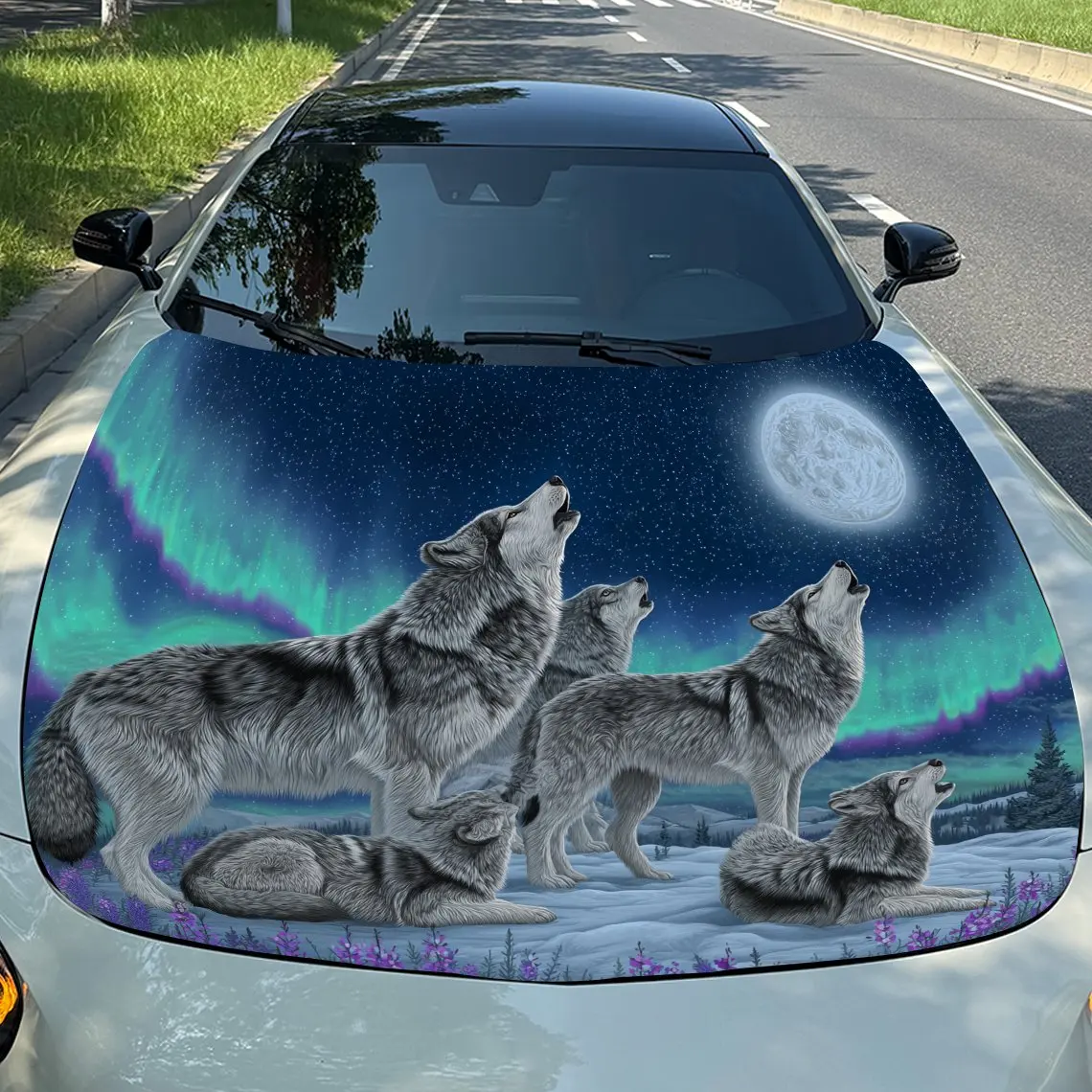 Multiple Mighty Wolves on Beautiful Aurora Night Print car hood stickers, waterproof self-adhesive, scratch resistant, easy to s