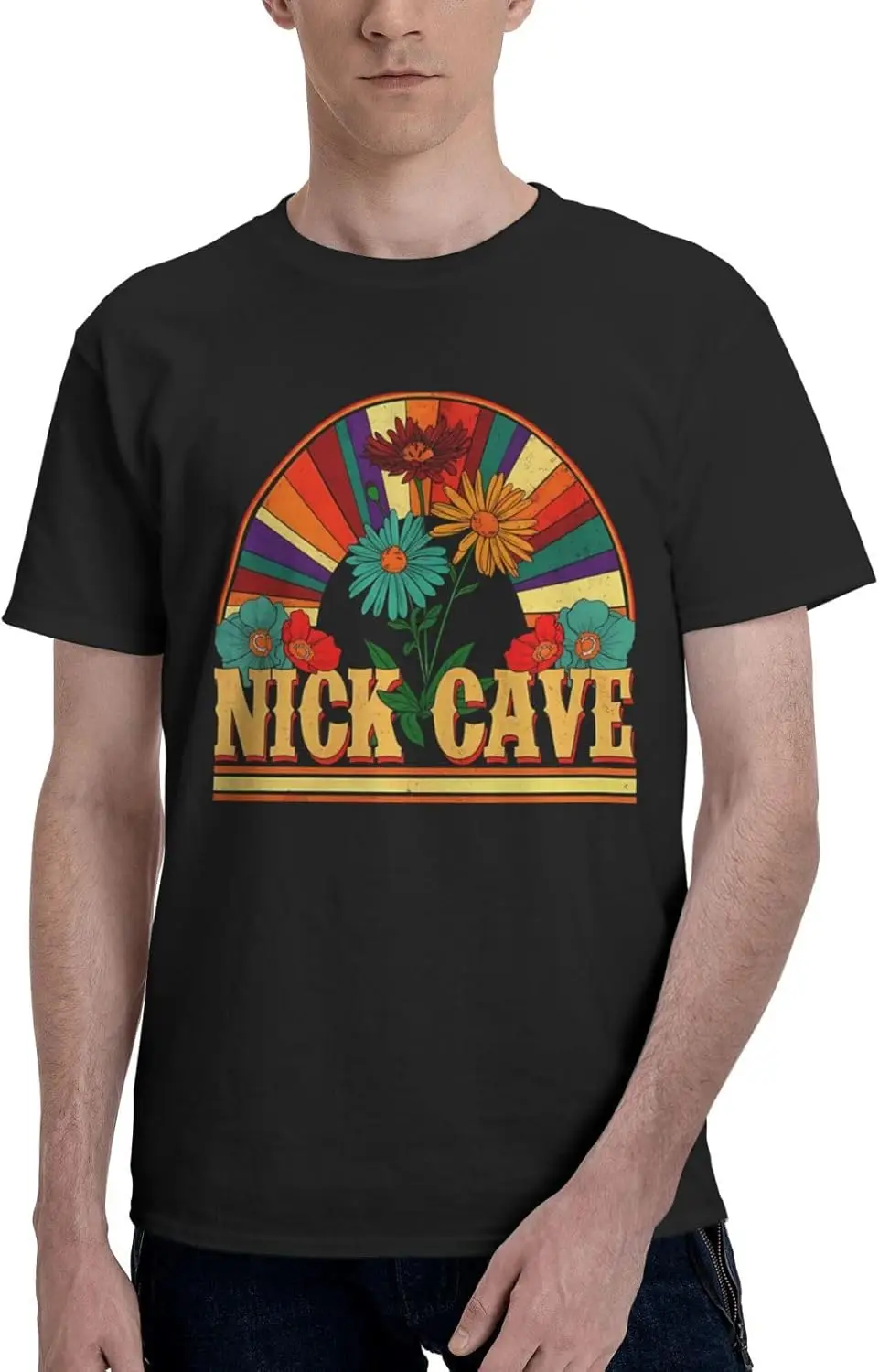 Nick Music Cave Shirt Men's Cotton Short Sleeve Printed T Shirt Casual T-Shirts Crew Neck Tee Shirt Tops Black