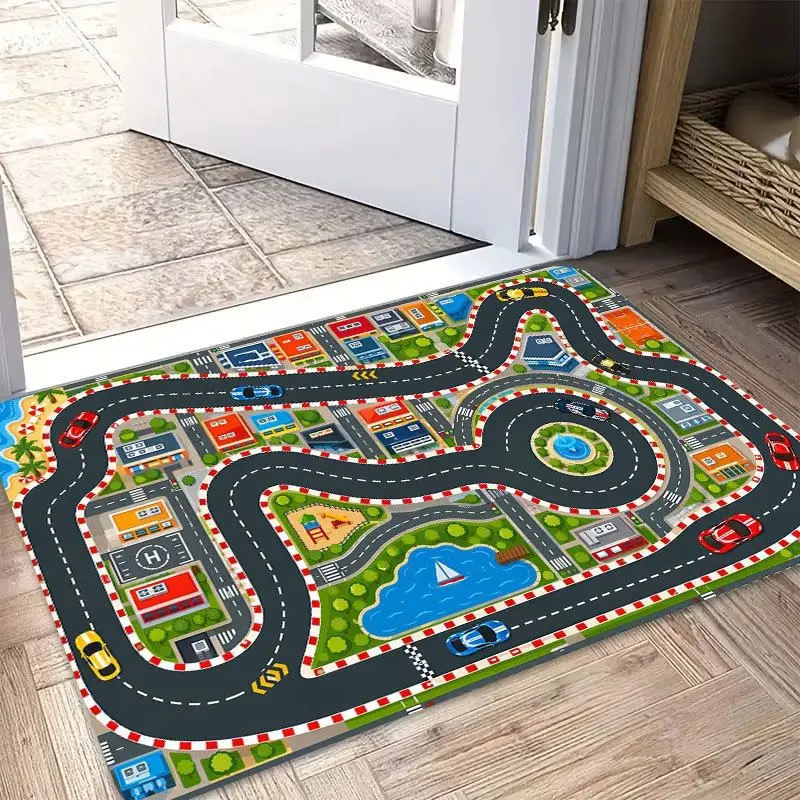 VIKAMA City Traffic Door Mat Road Map Car Print Entryway Mat Non Slip Kids Boys Playroom Cute Cartoon Indoor Home Decor