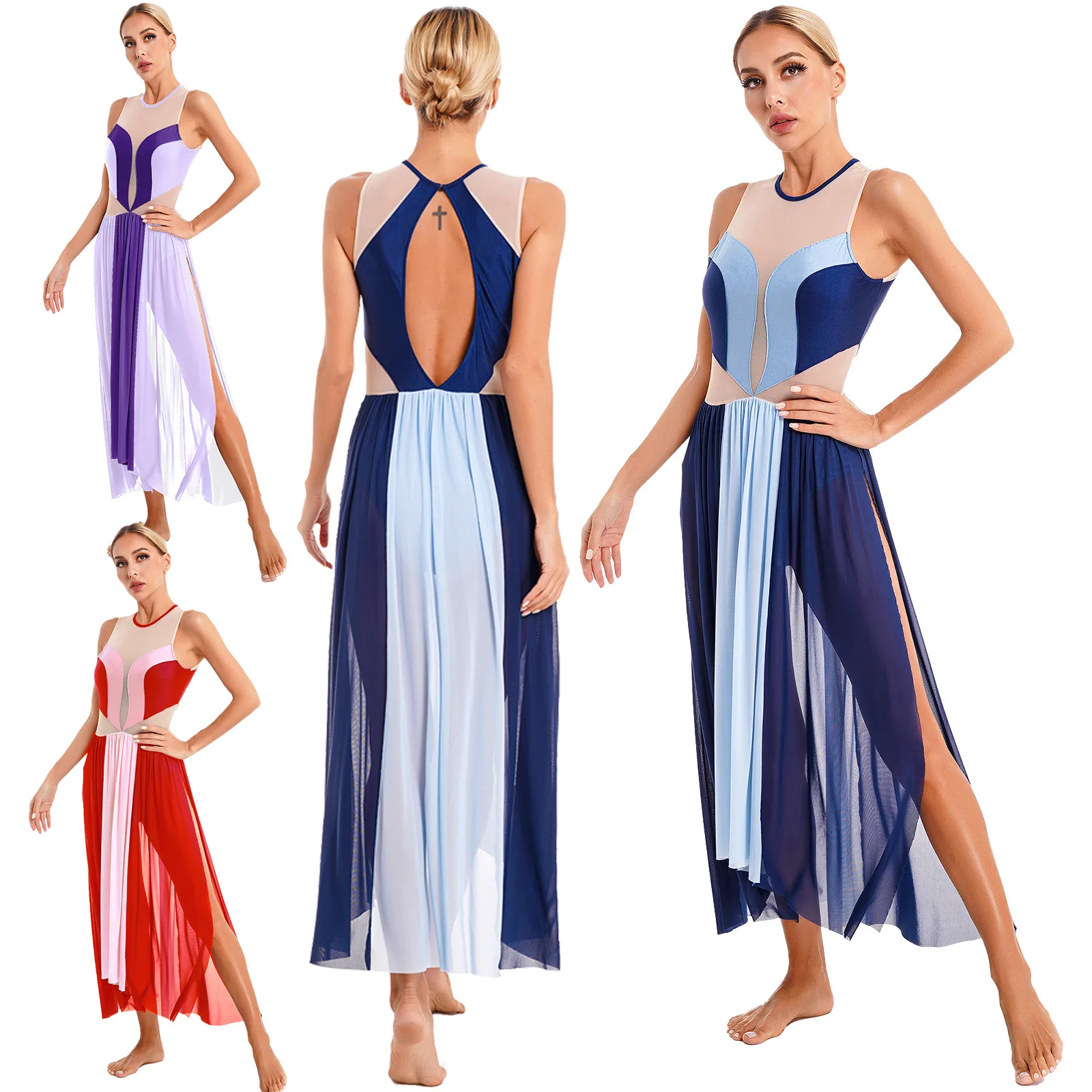 Women Ballet Color Block Dress Dance Lyrical Ballroom Dance Females Sleeveless Leotard Mesh Skirts Ballet Performance Dress