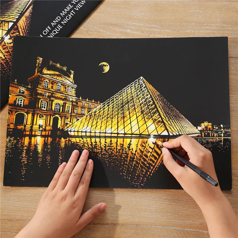 40.5*28.5CM Night Scene Nightscape Scratch Scraping Cards Painting Paper Art Draw Kids Aldult DIY Handmade Creative Gifts