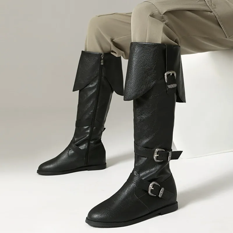 

Новые средневековые простые сапоги до колена в стиле ретро с пряжкой в европейском и американском стиле, повседневные удобные женские сапоги для покупок, размеры 35-48