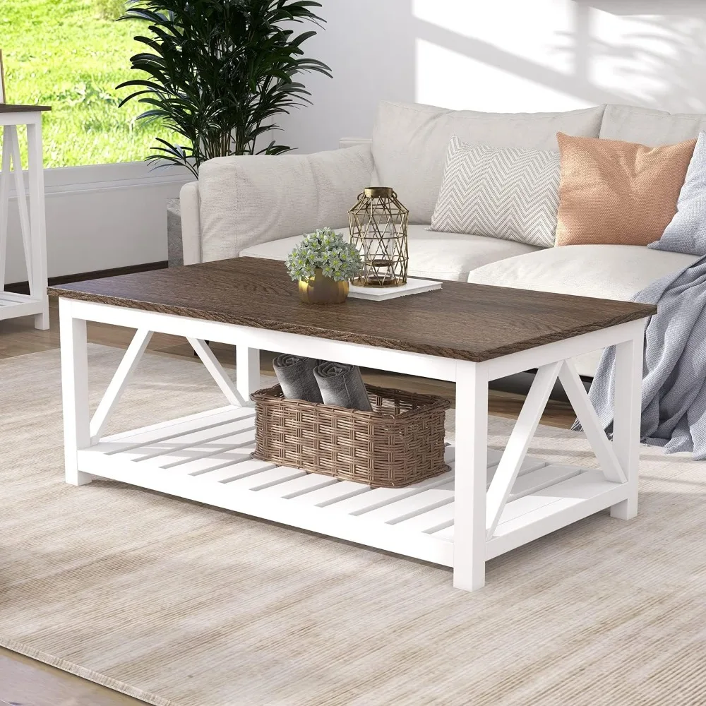 

Farmhouse Coffee Table Rustic Vintage Living Room Table with Shelf White Finish