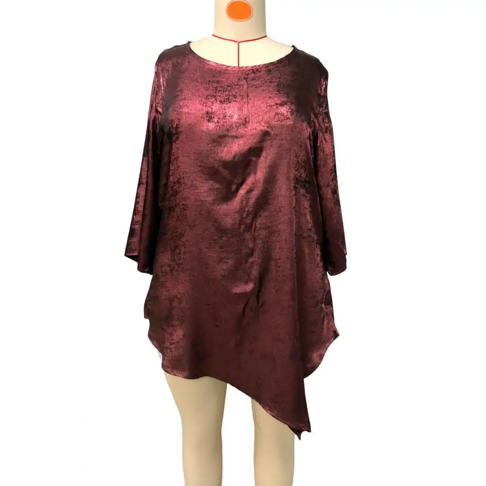 

Women Tops Shiny Texture Women Top Sparkling Irregular Hem Women's Blouse with Loose Fit Tee Shirt Design for Daily Wear Round