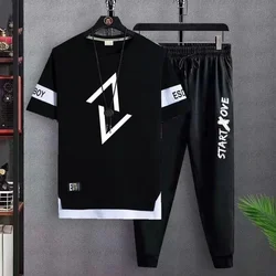 Men Set for Men Clothes Casual T Shirt Summer Black Sports Set Round Neck T-shirt  Print Hooded Top Short Pants Two-piece Set