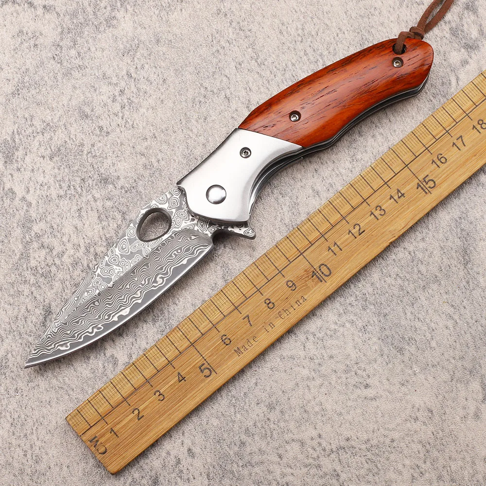 

New Type Yellow Sandalwood Handle VG 10 Damascus Folding Survival Fishing Outdoor Household EDC Tool Knife