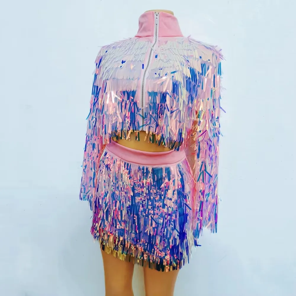 بريق الترتر شرابة سترة قصيرة تنورة الرقص الزي نادي ملهى ليلي المرأة مرحلة ارتداء عيد ميلاد الرقص حفلة الأداء زي