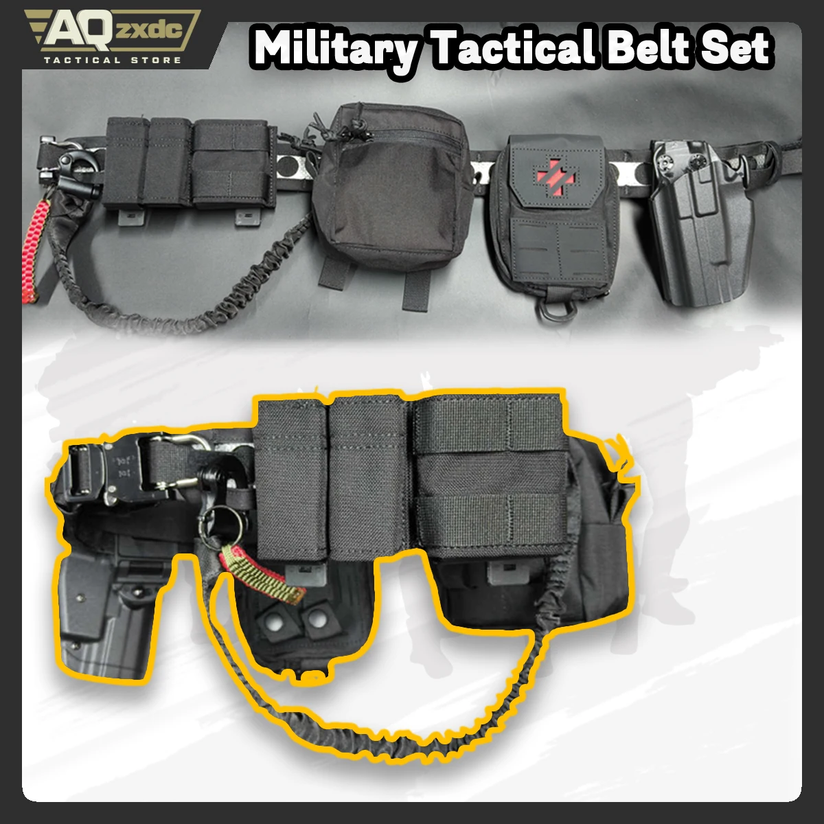 

Tactical G17 Holster Belt Set with Triple Magazine Bag & Sundries Bag & Medical Bag & Gun Rope for Airsoft Paintball CS War Game