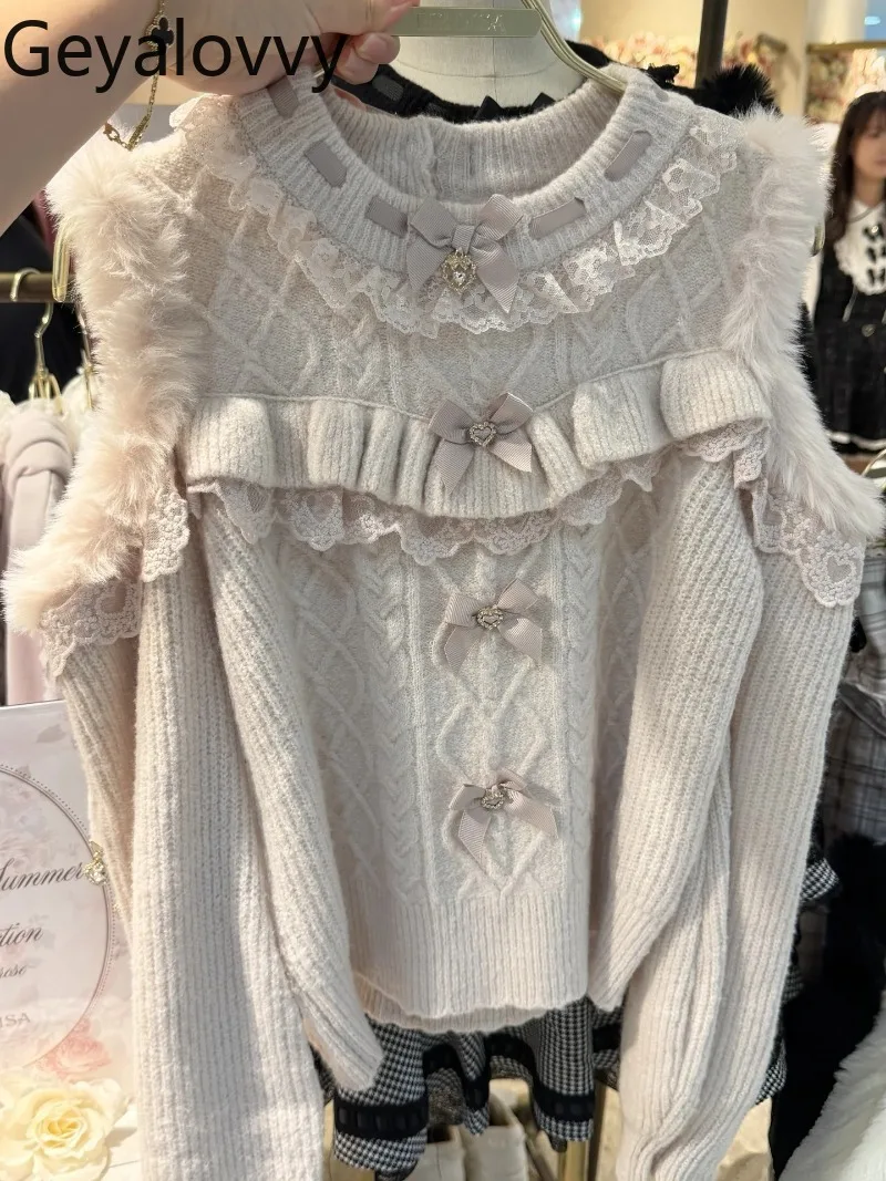 

Japanese Style Autumn Winter Hot-Selling Mass-Produced Pullover Sweet Cute Girls Versatile Bowknot Spliced Off-Shoulder Sweater