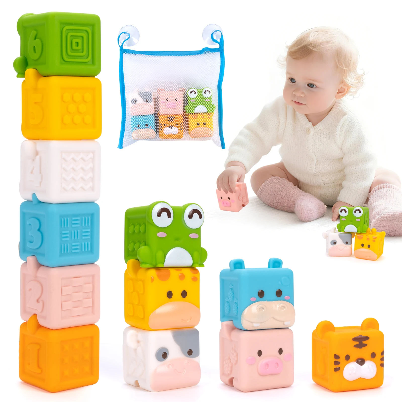 3D Cube Animal Stacking Toys Toddler Early Educational Sensory Montessori Toys Baby Soft Silicone Building Blocks Toys Bath Toys