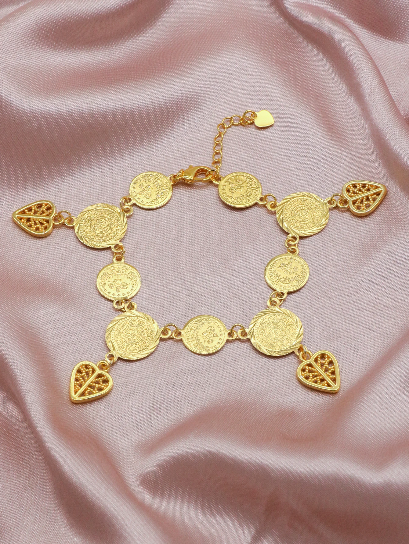 1 Piece Gold Color Classic Heart Shaped Pendant Bracelets Copper Material Coin Bracelet Women Luxury Middle East Dubai Jewelry