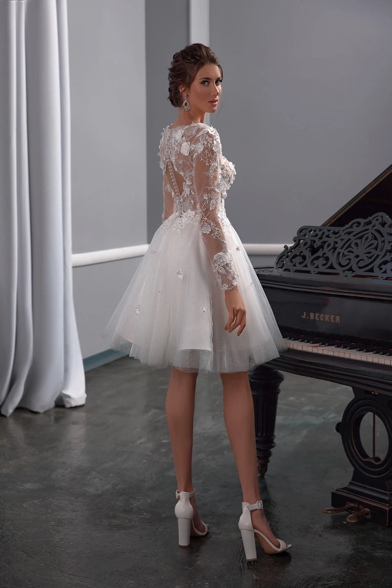 vestidos de novia Short Wedding Dress Sweetheart Organza Lace Appliques Long Sleeve V-NecK Customize To Measures RObe De Marie