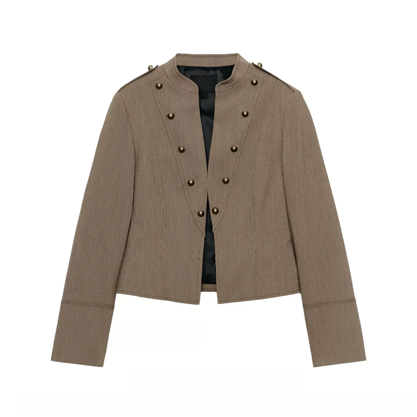 Summer 2026 New Women's Short Outerwear Long Sleeve round Neck Button Decorated Suit Jacket Eye-catching Stitching And Straps