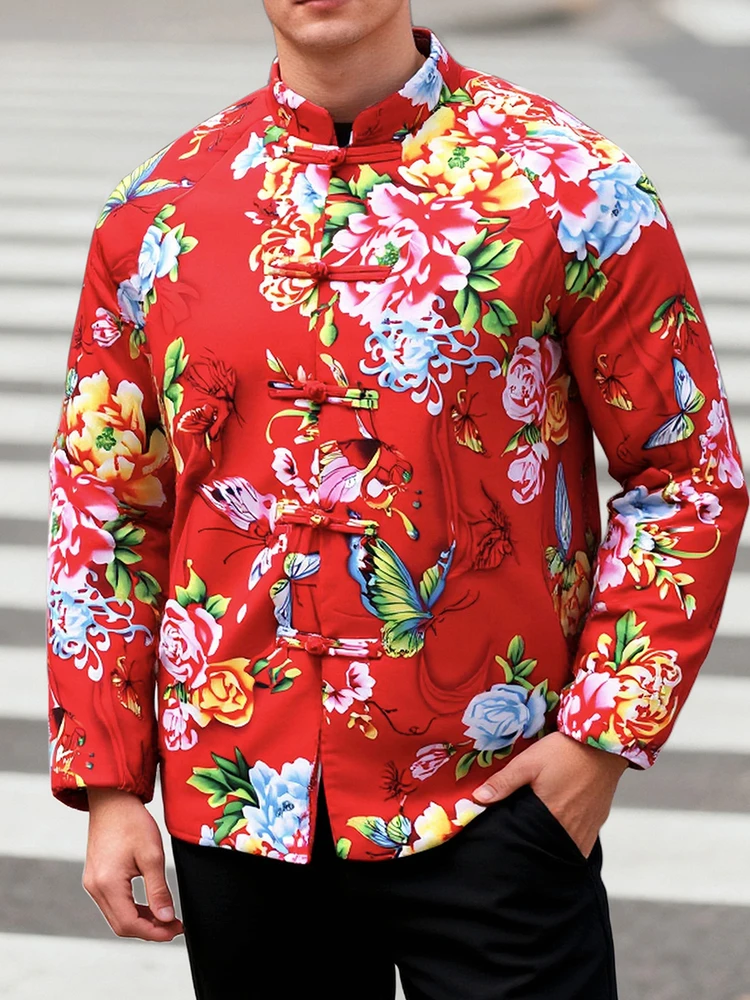 

Утепленная стеганая куртка из чистого хлопка для мужчин и женщин, с крупным цветочным узором в стиле Северо-Востока, зимнее теплое пальто, повседневная верхняя одежда