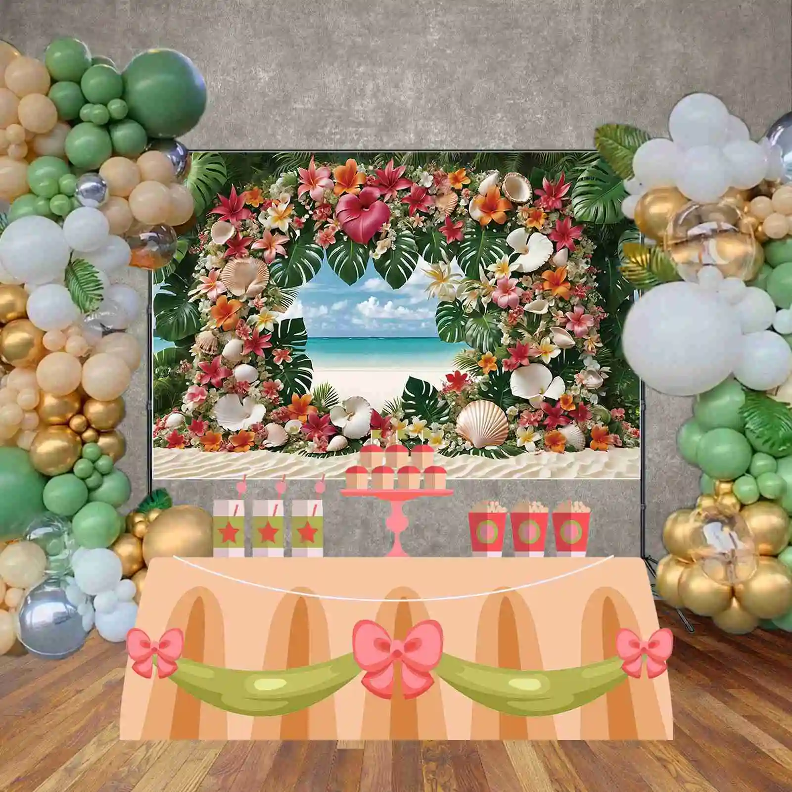 Moon.qg ชายหาดวันหยุดใบไม้เขตร้อนดอกไม้พวงมาลัยใบปาล์มพื้นหลังที่กำหนดเองอุปกรณ์เสริมสำหรับงานปาร์ตี้