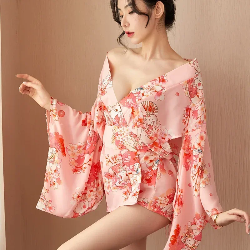 Sleep Shirts Vintage Printed Kimono Sexy Lingerie Womens Dresses Hollowed Out Sleeves Nightgown Sexy Waistband Uniform Role Play