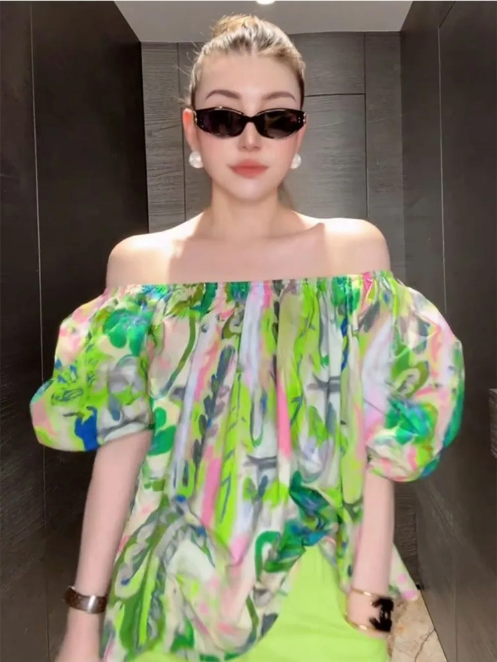 

Designer Green Print Off Shoulder Blouse Women Unique Luxury Feel Top Coastal Grandmother Style Fashion Summer