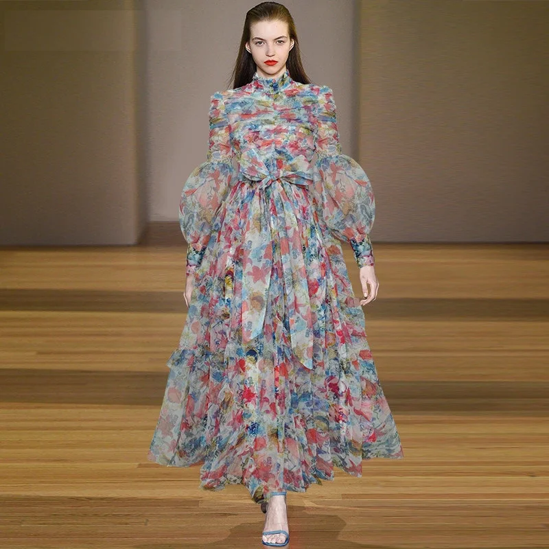 

2023 New Women's Traf Spring Stand Collar Lantern Sleeve Ruched Mesh Floral Print Lace-Up Maxi Dresses
