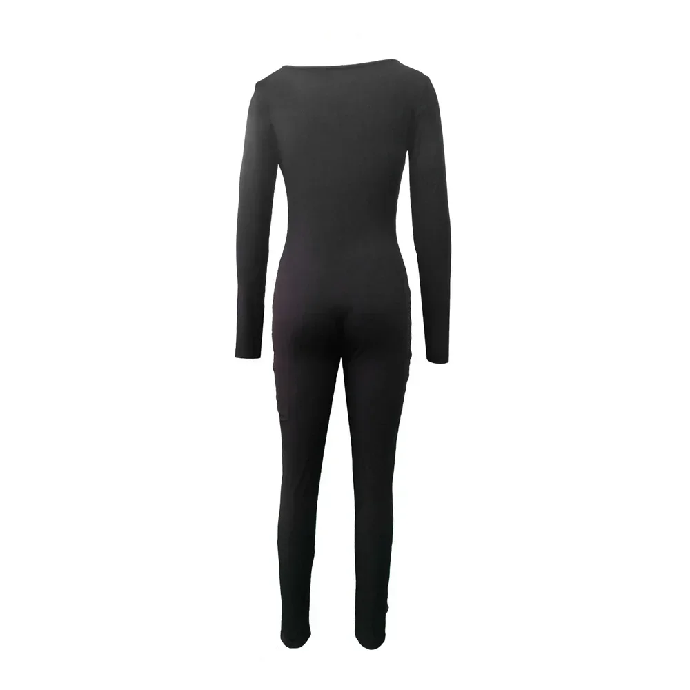 Damski kombinezon Skinny Jednokolorowy prążkowany dzianinowy kombinezon z długim rękawem i kwadratowym dekoltem Bodycon Romper Work Out Sport Yoga Playsuits — zdjęcie 5