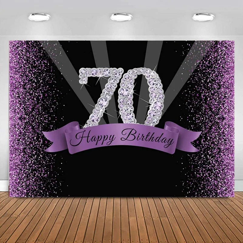 Happy 70th Birthday Photography Backdrop Glitter Purple Black dots Background men Woman Party Decorations Shining Diamond Banner