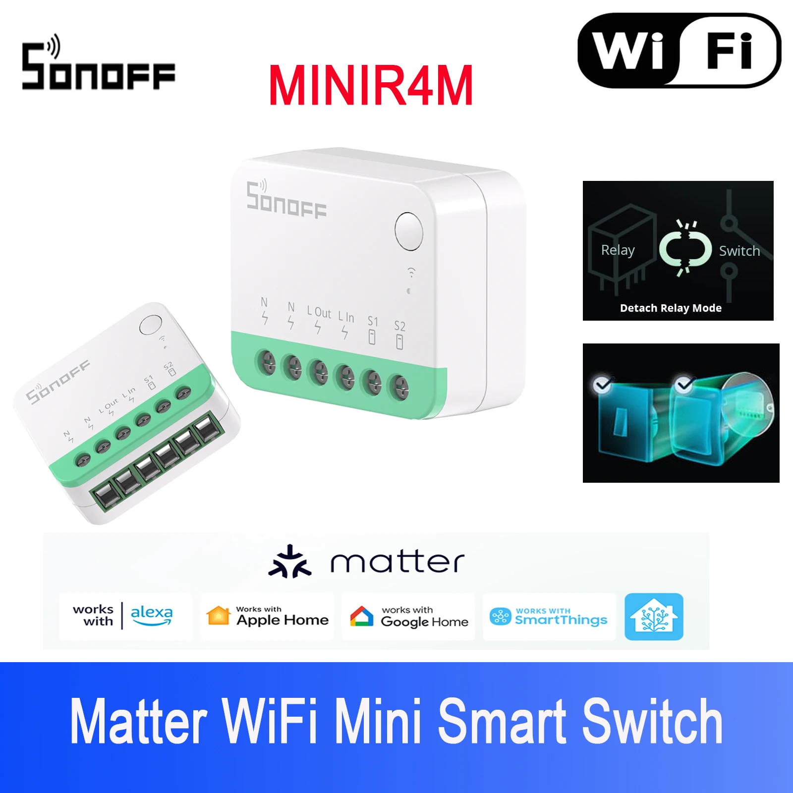 SONOFF MINIR4M Mini Exterme Wifi Smart Switch ESP32 Chip Detach Relay Matter Compatible eWeLink Voice Control via Alexa Google