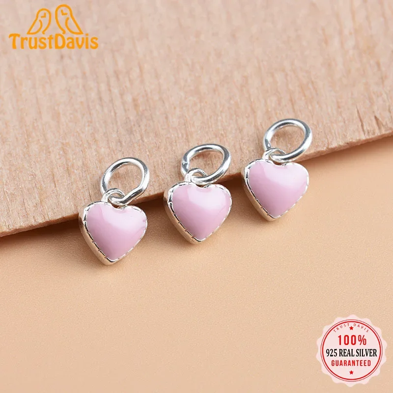 TrustDavis Real S925 Sterling Silver Romantic Pink Heart Charms Pendant for Bracelet or Necklace DIY Accessories Jewelry HY071