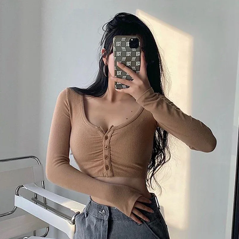 Xpqbb الأبيض كم طويل المحاصيل الأعلى المرأة Y2K مثير نحيل النادي الليلي تي شيرت قصير الإناث 2025 الصيف رقيقة زر محبوك بلوزة #6